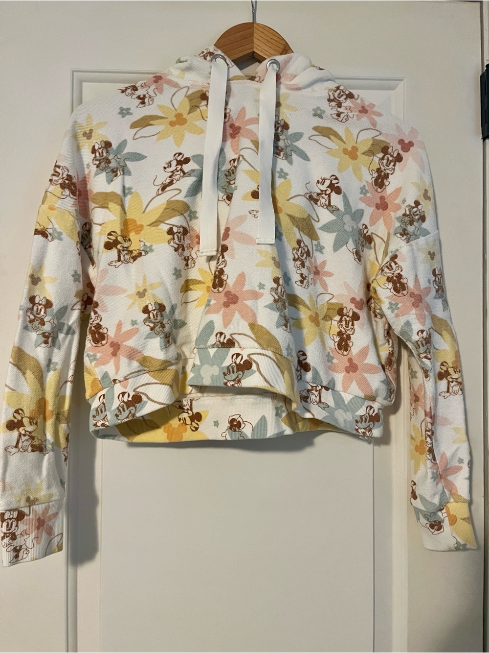 Disney Cropped Floral Mickey Mouse Hoodie in White, Yellow, Pink, Blue